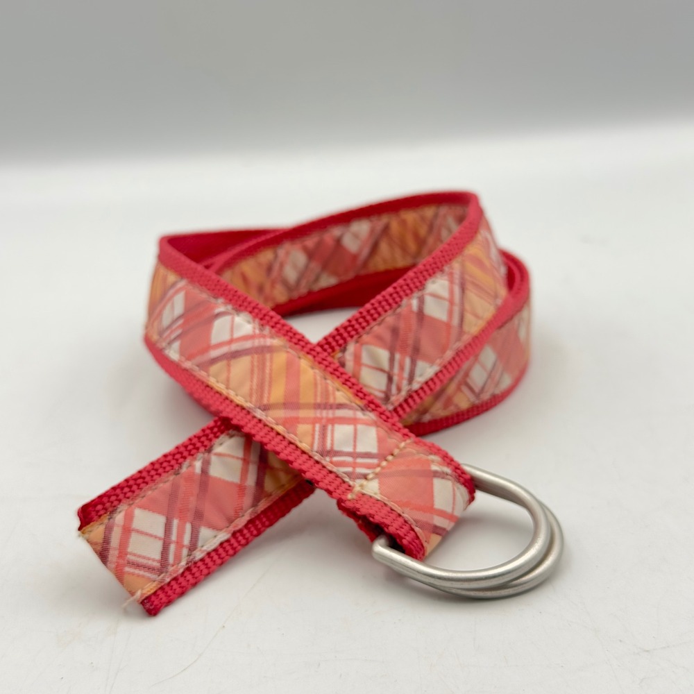 L.L. Bean D-Ring Belt Pink Orange Plaid Webbing Modern L-XL 266484 Adjustable